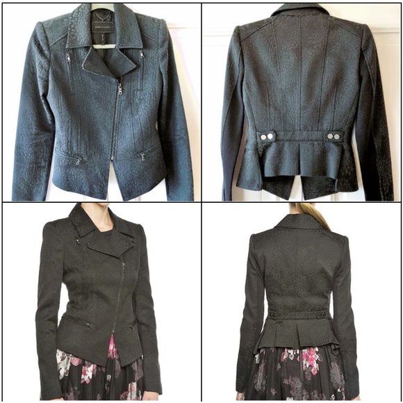 BCBGMAXAZRIA Floral Jacquard "Boe" Multi-Zippered Peplum Black Moto Jacket - XXS - Picture 7 of 16